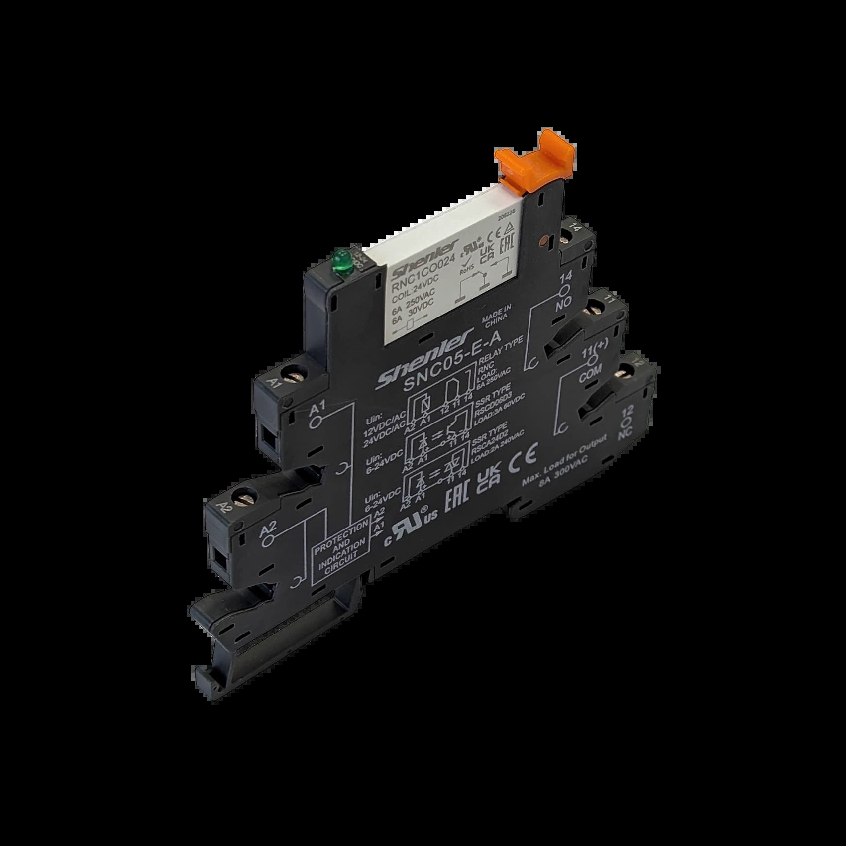 RNC1CO024+SNC05-E-A_Реле с колодкой, винтовой зажим, 1CO, 6A, питание 24В AC/DC, светодиодный индикатор, ширина 6.2 мм